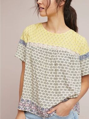 Anthropologie Blue Tassel Women’s Yellow Yoke Patchwork Short-Sleeve Blouse XS